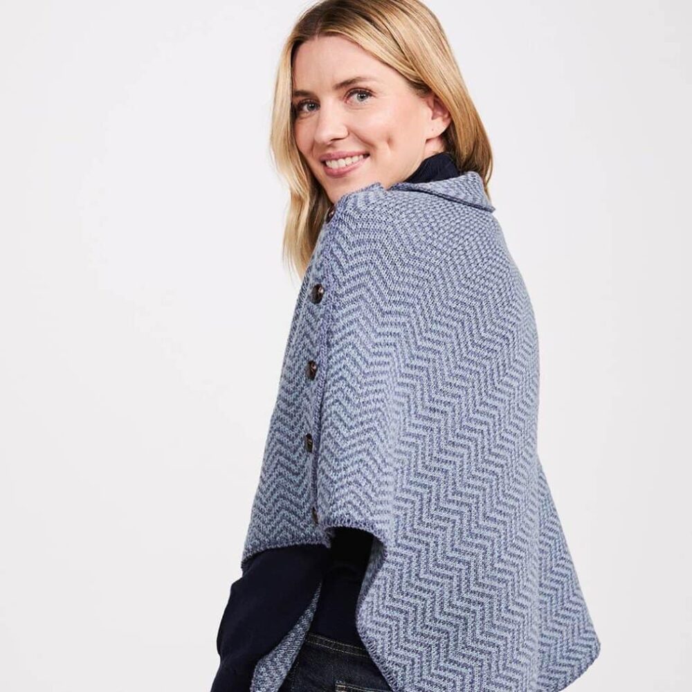 Women's Irish Wool Poncho - Blue Herringbone