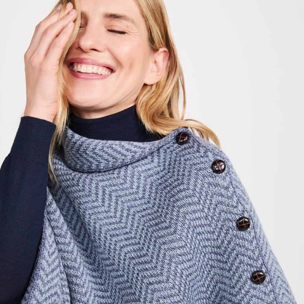 Women's Irish Wool Poncho - Blue Herringbone