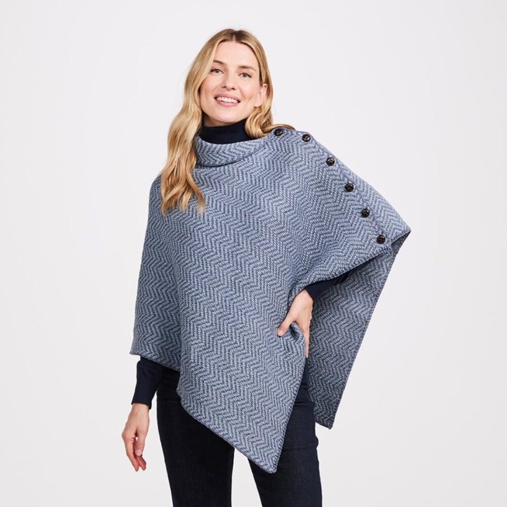 Women's Irish Wool Poncho - Blue Herringbone