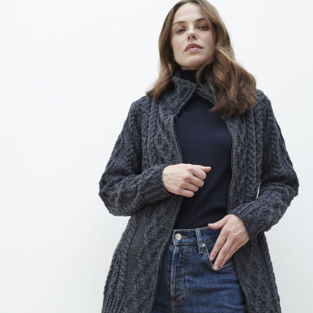 Irish Wool Cable Knit Cardigan For Women - Gray