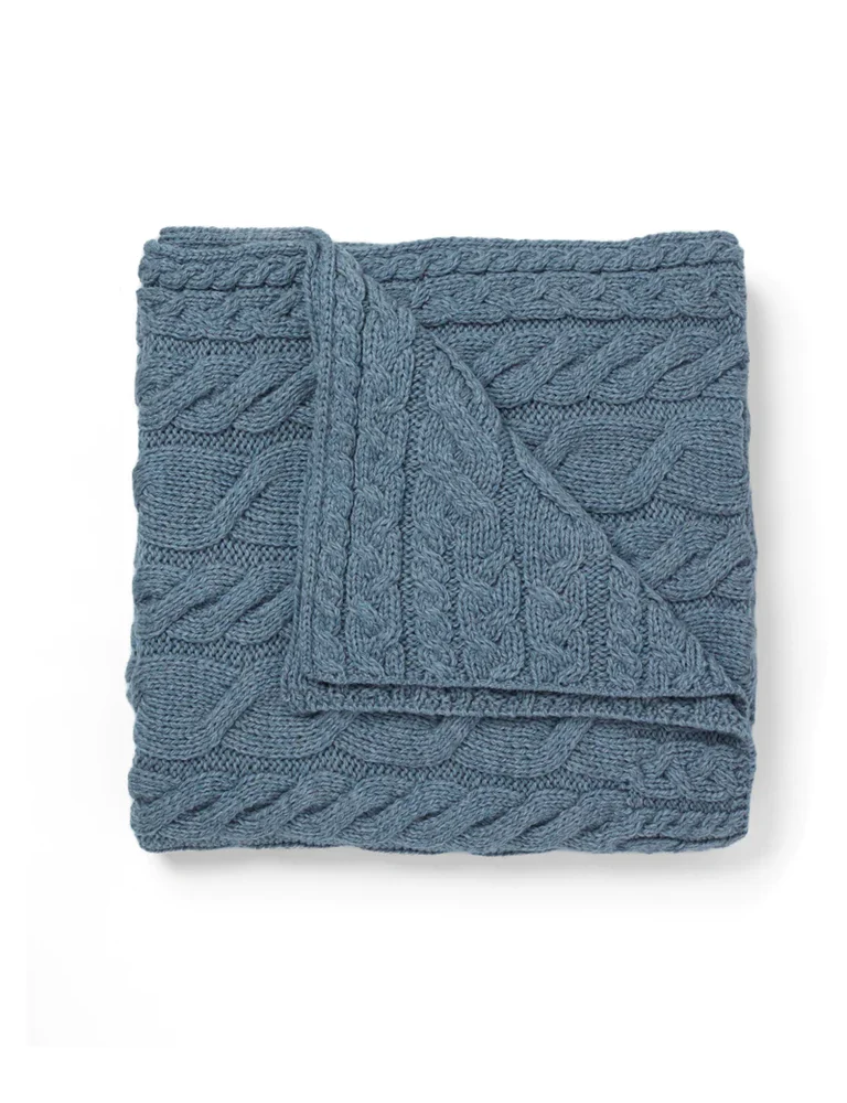 Merino Wool Aran Cable Knit Blanket - Blue