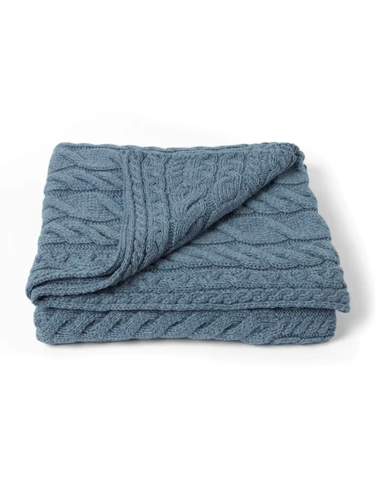 Merino Wool Aran Cable Knit Blanket - Blue