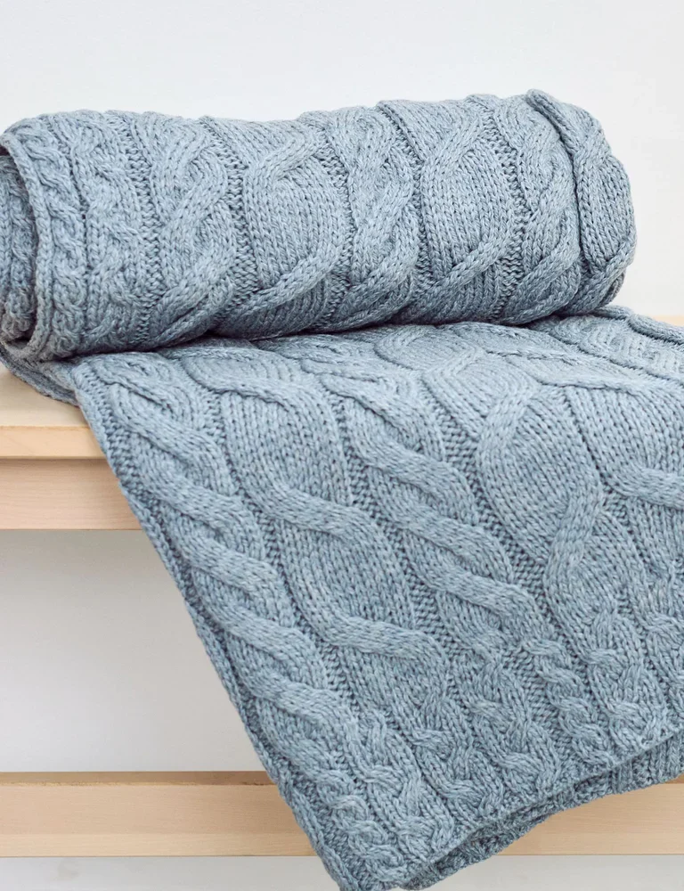 Merino Wool Aran Cable Knit Blanket - Blue