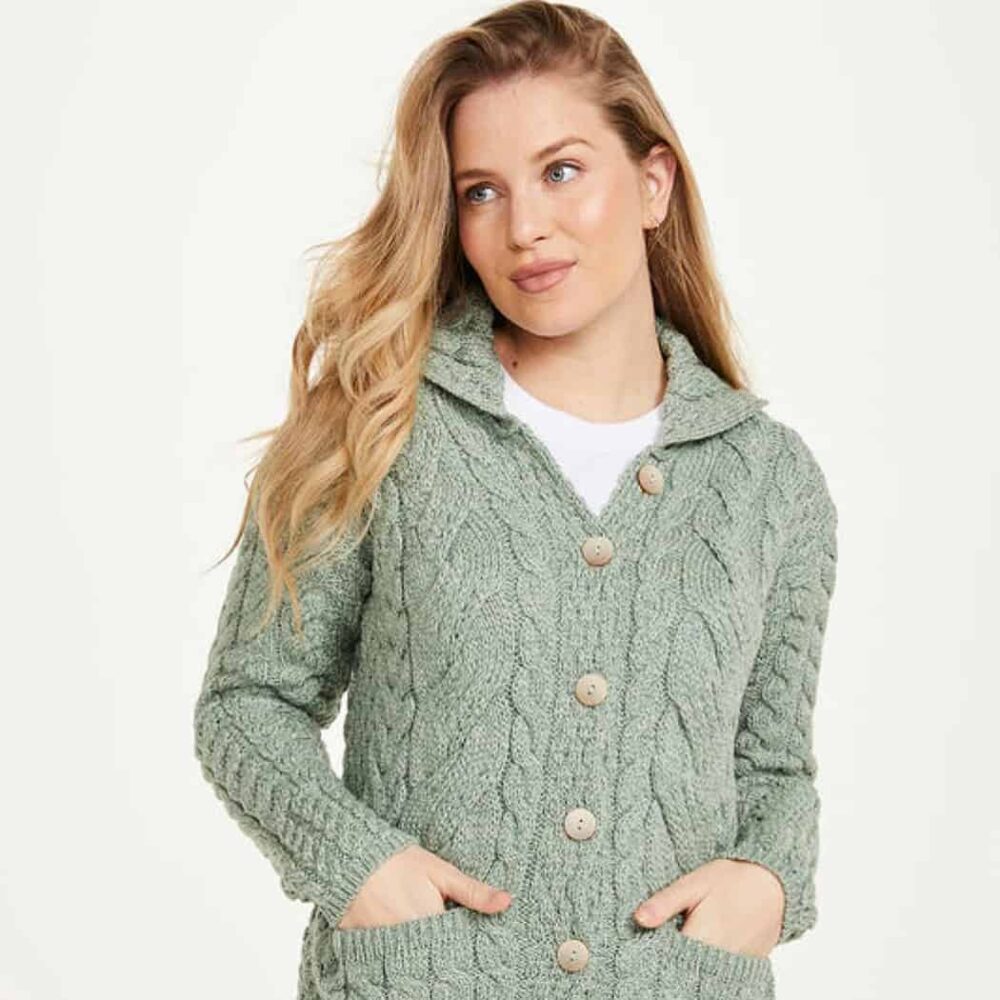 Women's Buttoned Aran Sweater - Seafoam Green