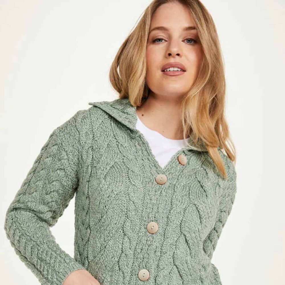Women's Buttoned Aran Sweater - Seafoam Green