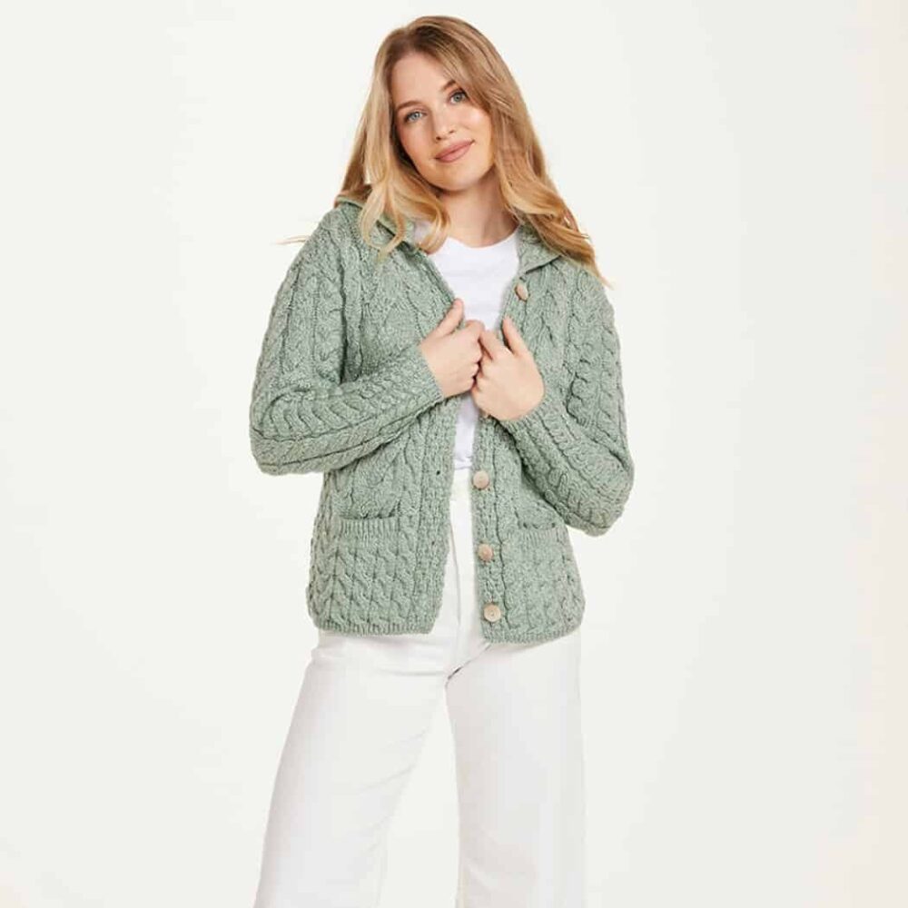 Women's Buttoned Aran Sweater - Seafoam Green