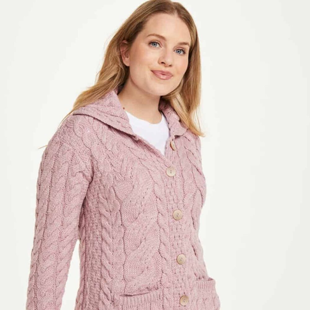 Cable Knit Merino Wool Cardigan - Pink