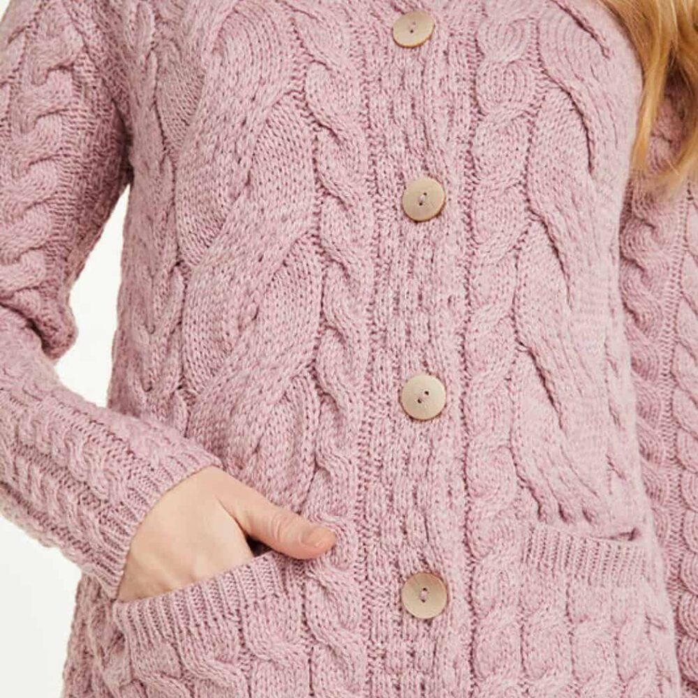Cable Knit Merino Wool Cardigan - Pink