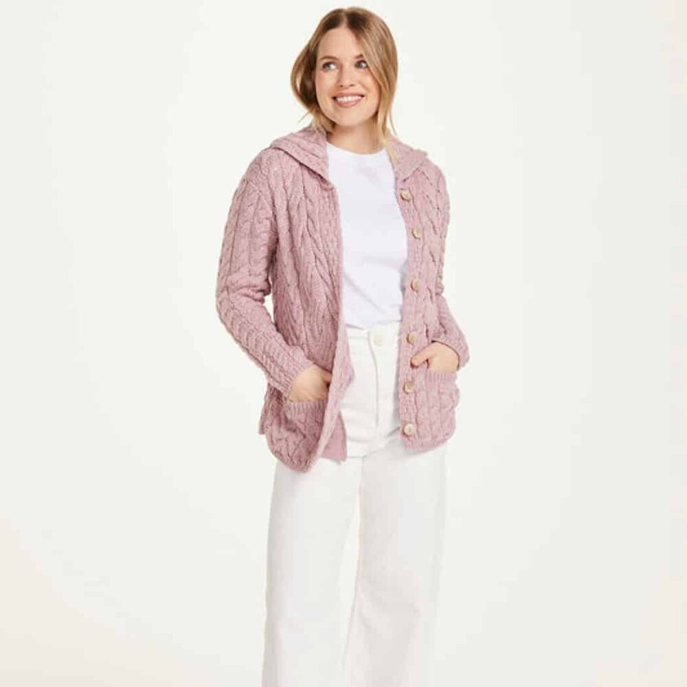 Cable Knit Merino Wool Cardigan - Pink