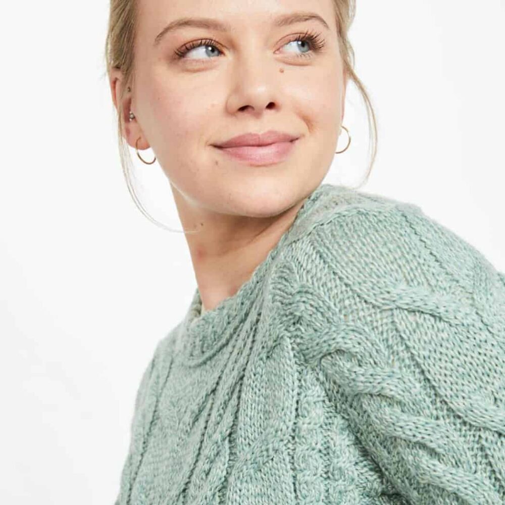 Raglan Aran Sweater For Women - Seafoam Green