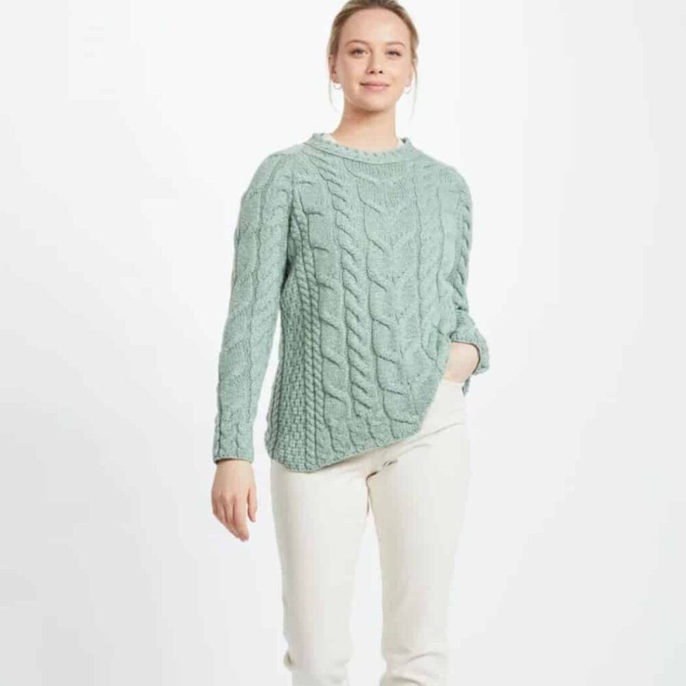 Raglan Aran Sweater For Women - Seafoam Green