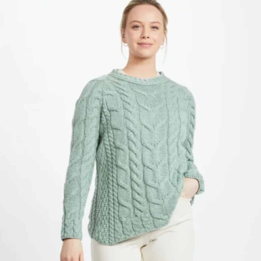 Raglan Aran Sweater For Women - Seafoam Green