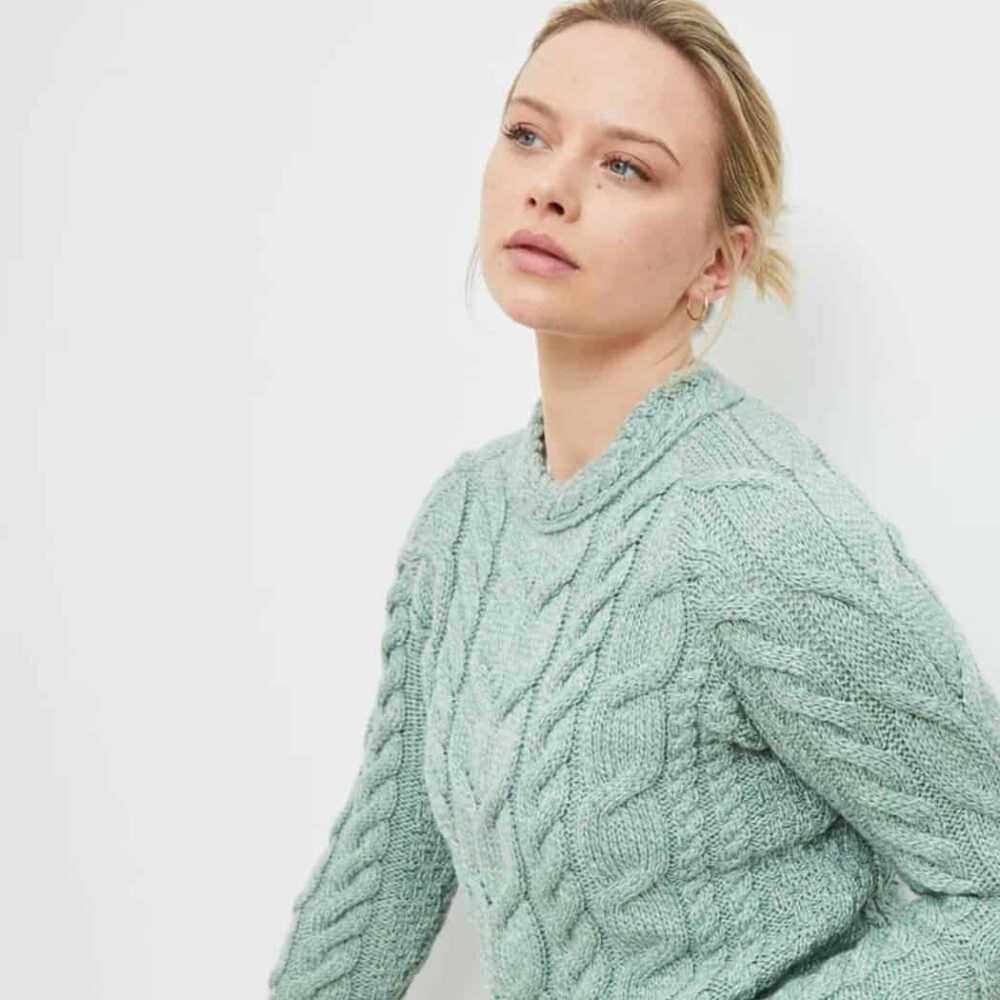 Raglan Aran Sweater For Women - Seafoam Green