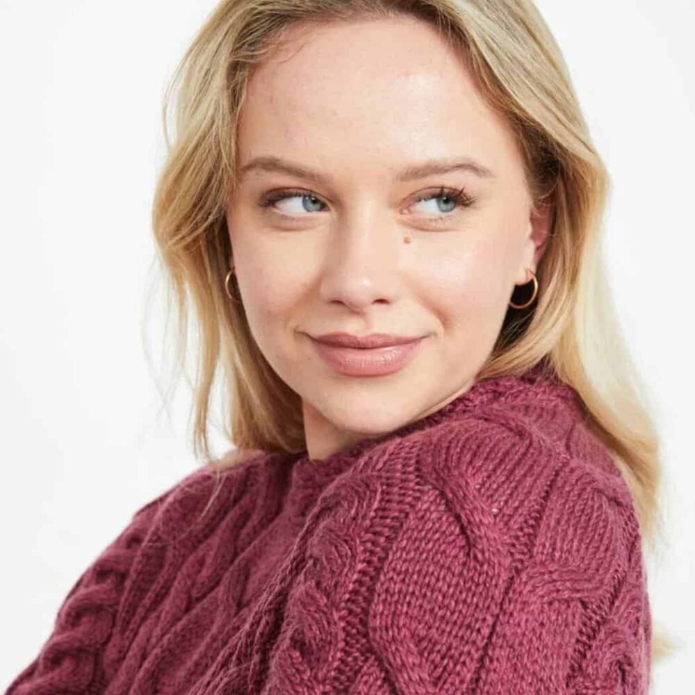 Irish Wool Aran Sweater For Women - Mulberry