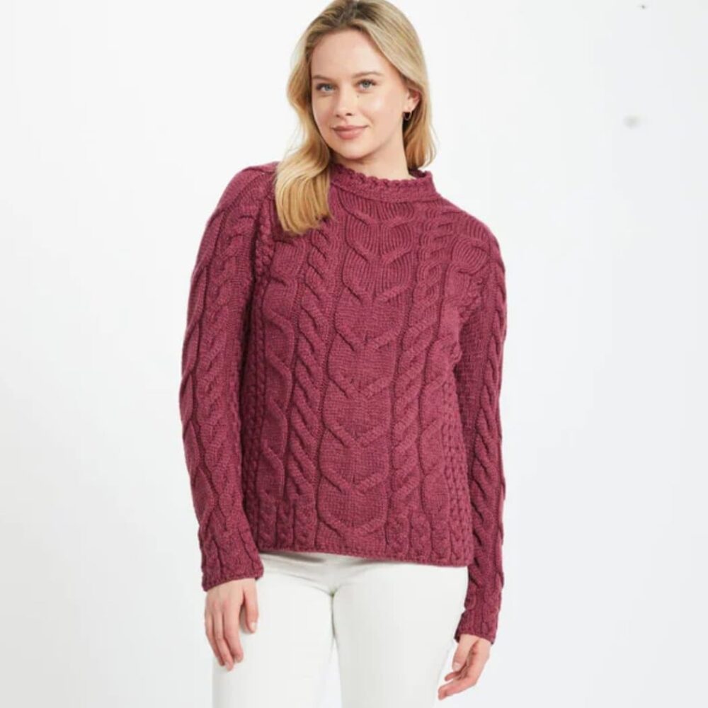 Irish Wool Aran Sweater For Women - Mulberry