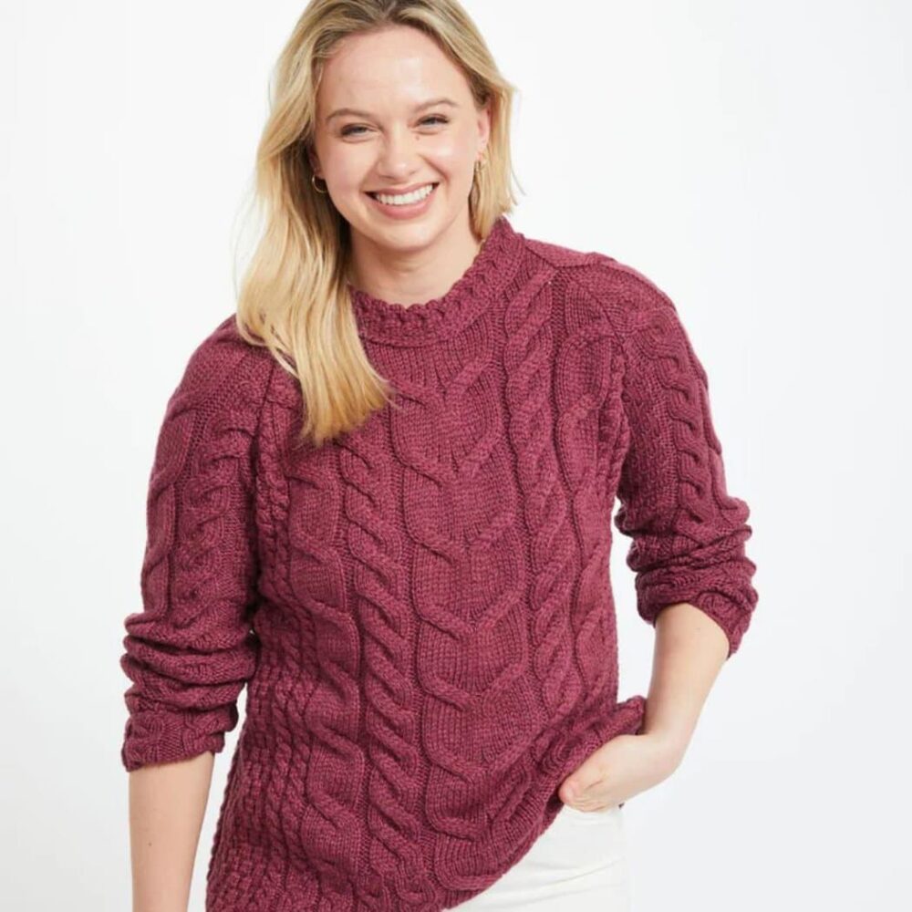 Irish Wool Aran Sweater For Women - Mulberry