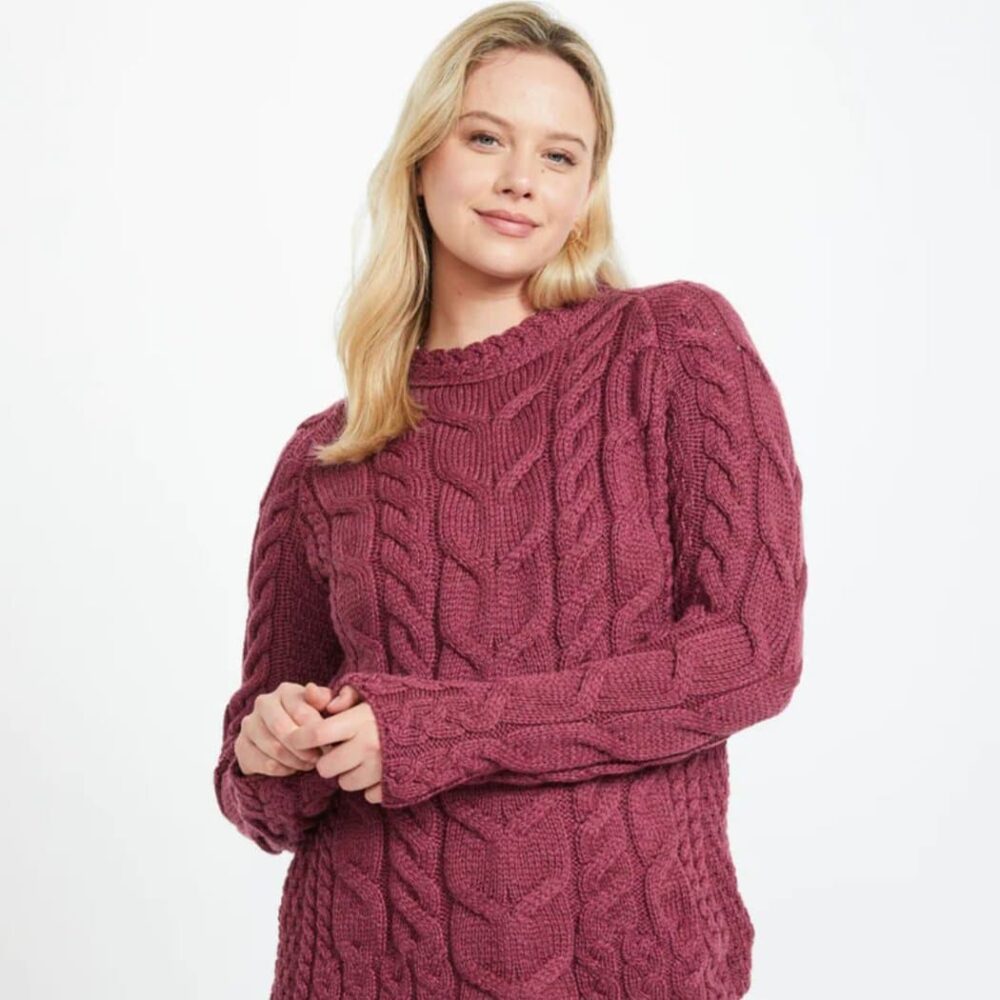 Irish Wool Aran Sweater For Women - Mulberry