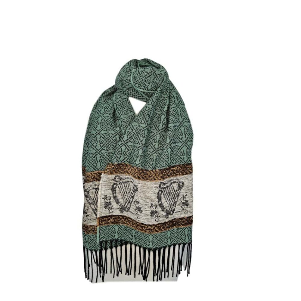 Irish Harp Celtic Scarf With Tassel Fringe - Meadow Green