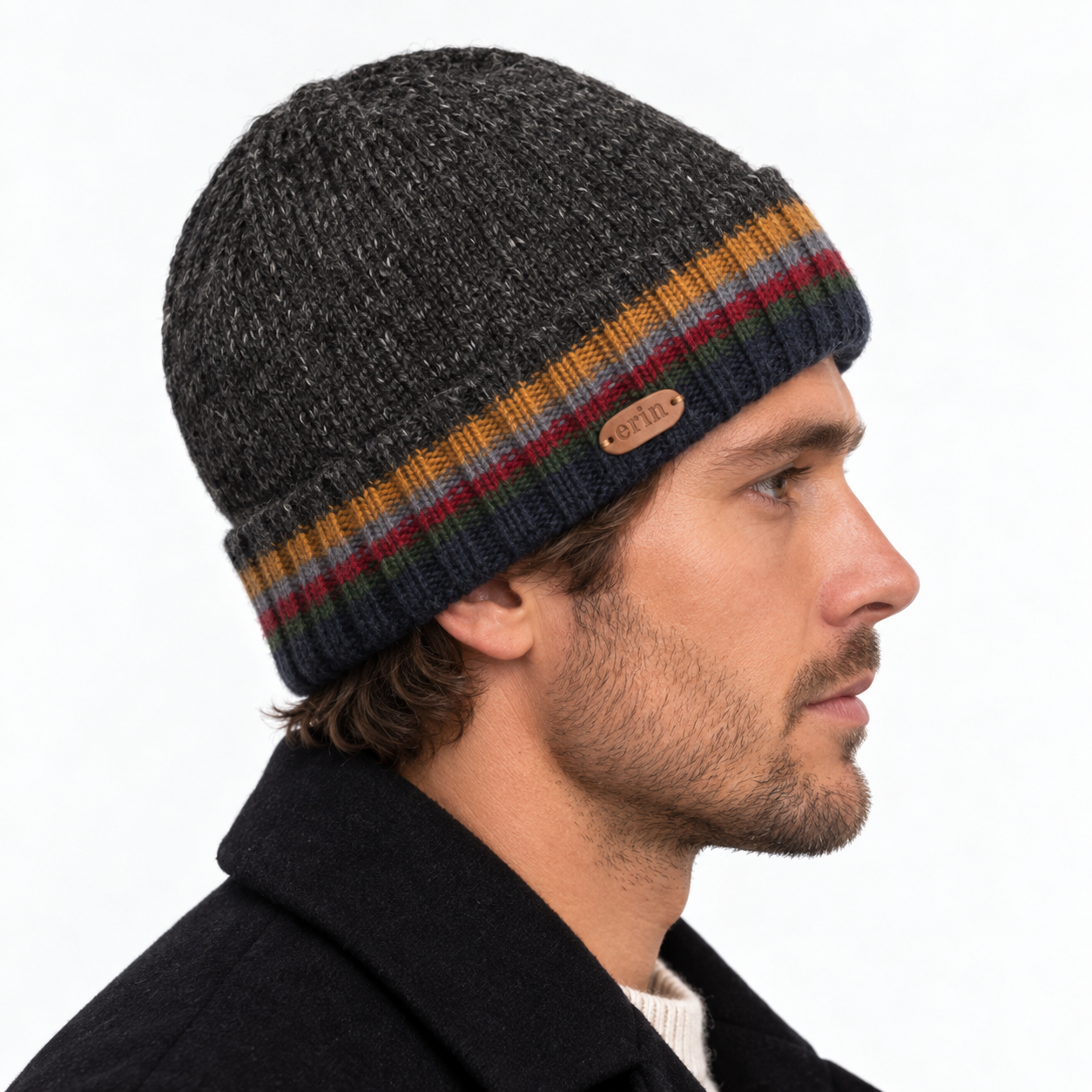 Men's Rib-Knitted Irish Wool Beanie - Charcoal - Image 2