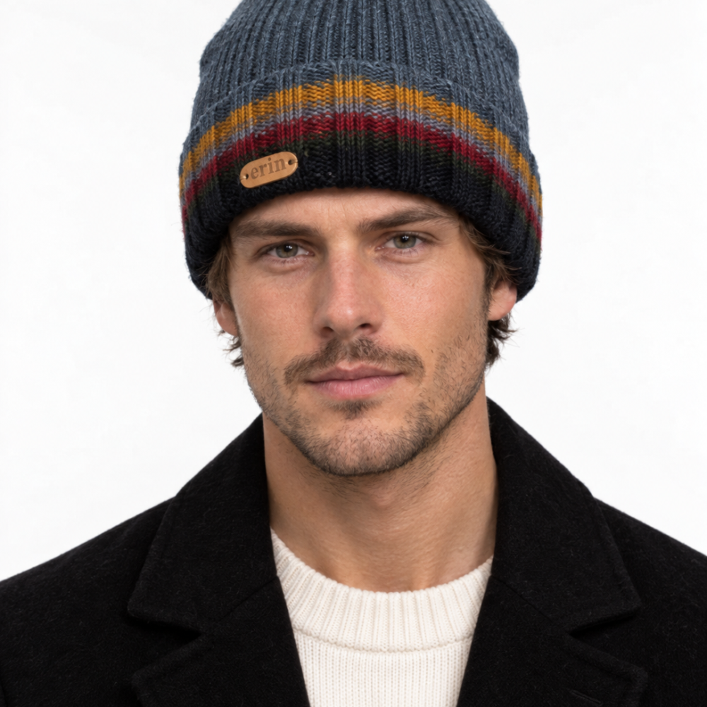 Men's Rib-Knitted Irish Wool Beanie - Denim Blue