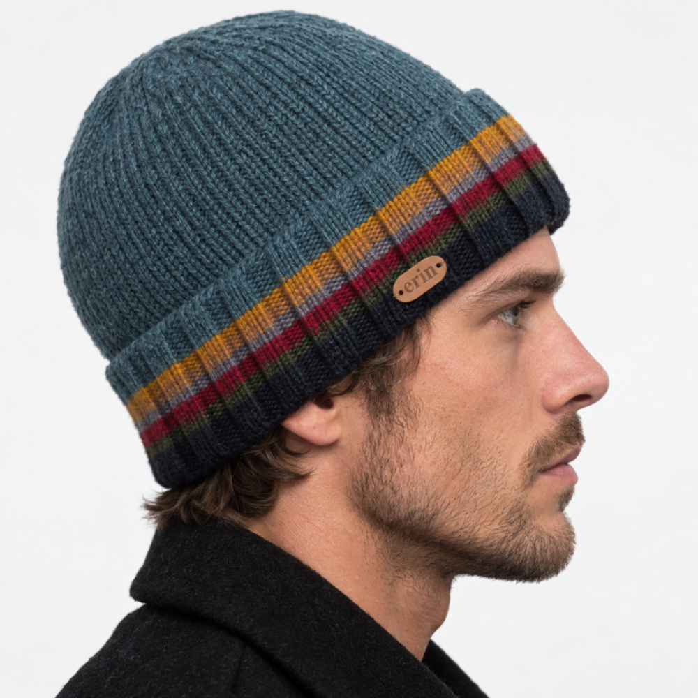 Men's Rib-Knitted Irish Wool Beanie - Denim Blue