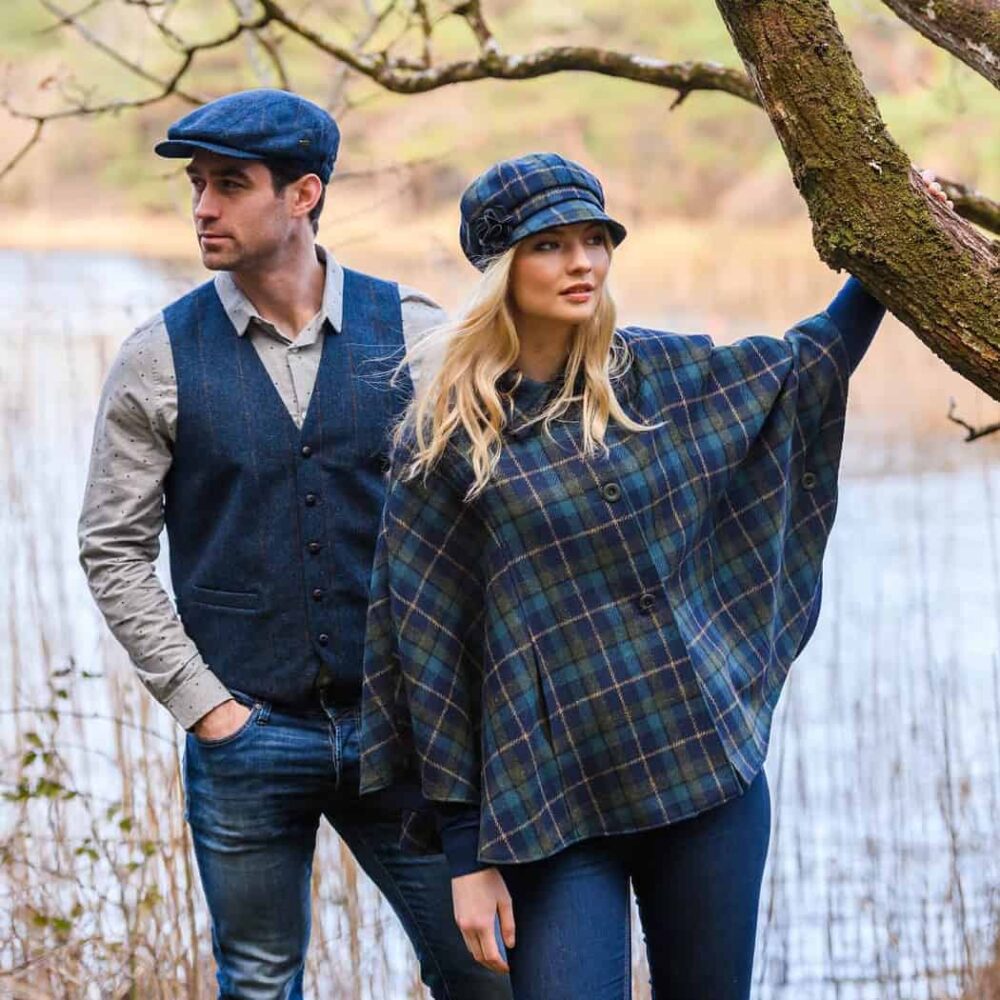 Ladies Irish Wool Newsboy - Blue, Green Tartan