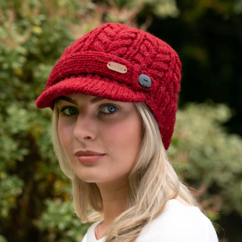 Cable Knit Wool Peak Cap For Women - Red
