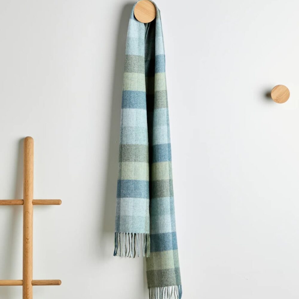 Lambswool Scarf With Fringe - Green and Blue Check