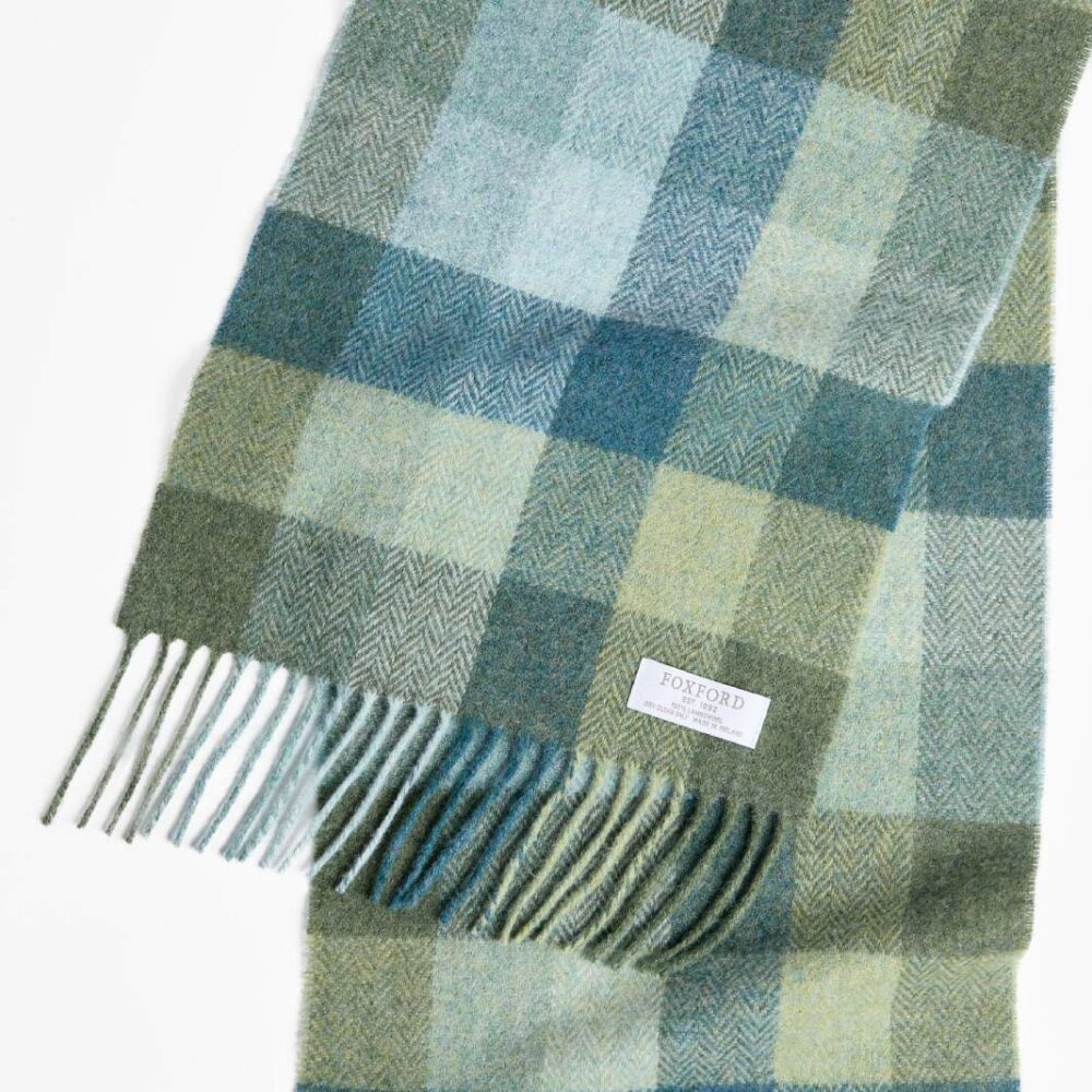 Lambswool Scarf With Fringe - Green and Blue Check