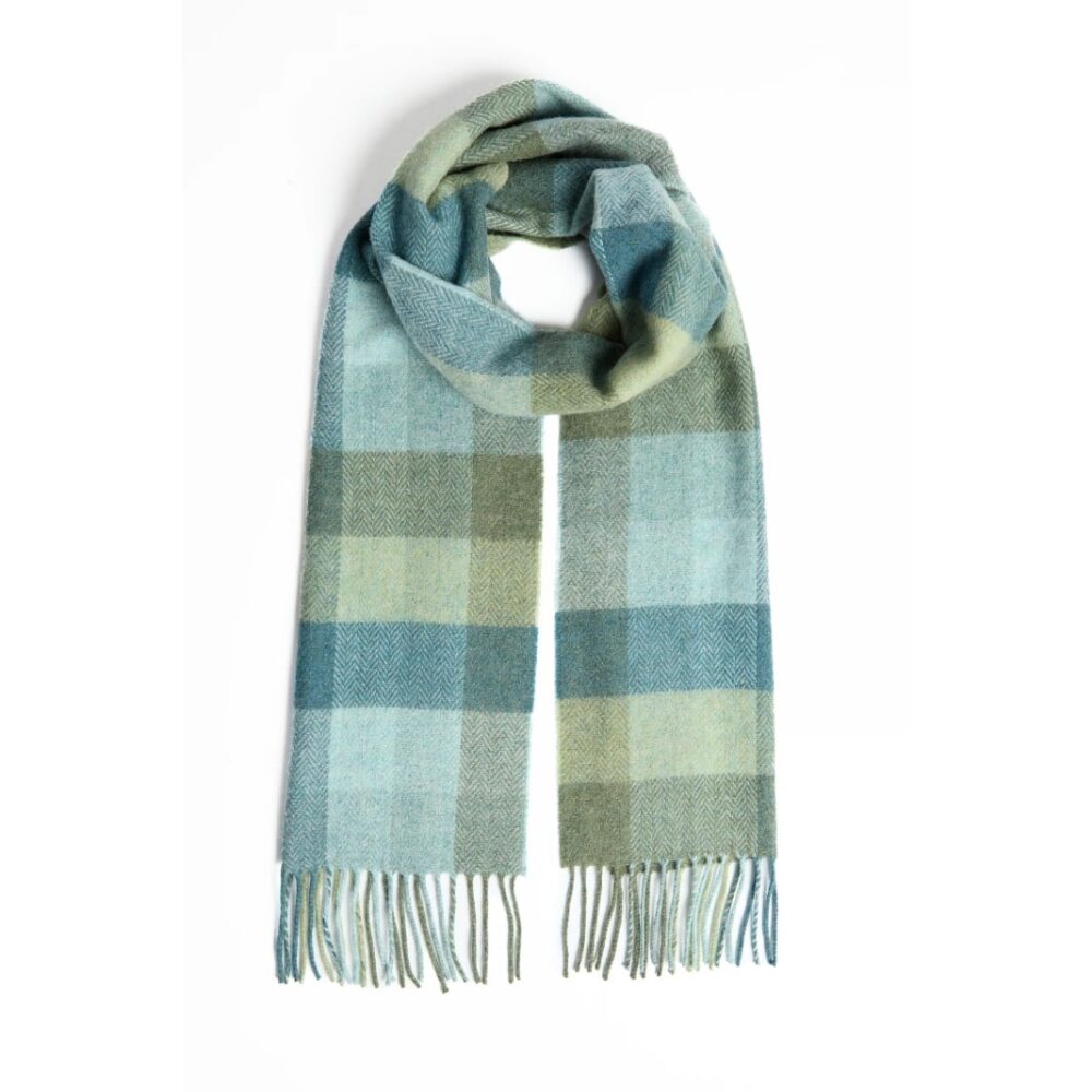 Lambswool Scarf With Fringe - Green and Blue Check