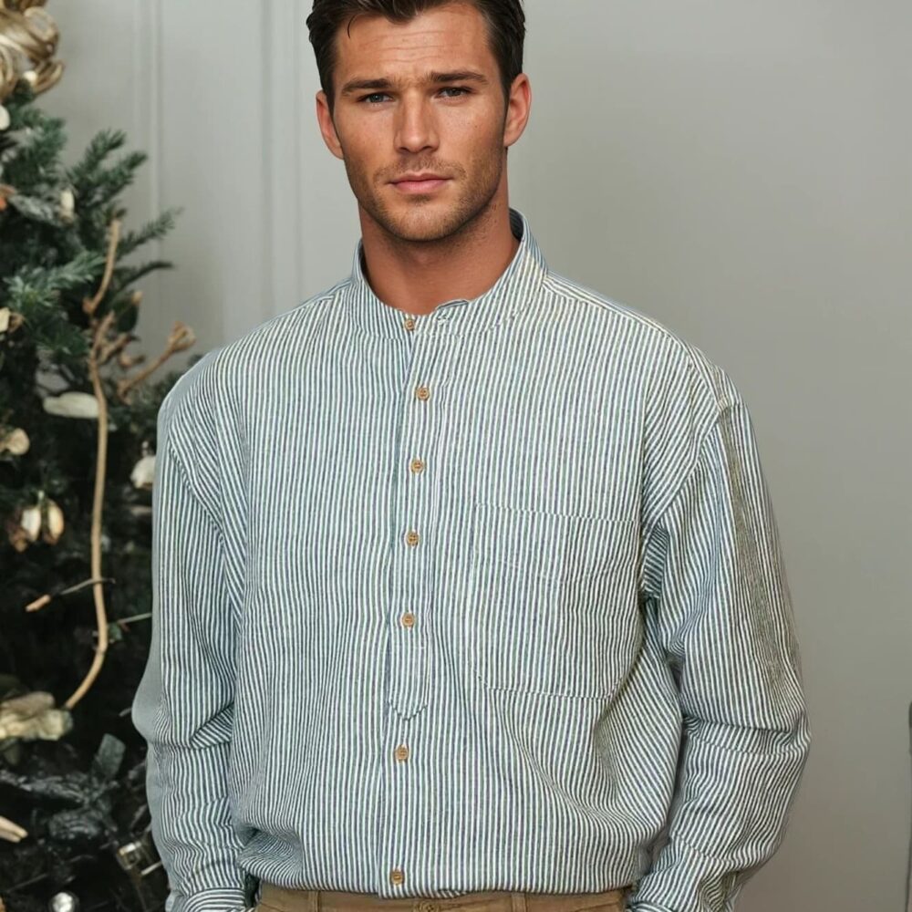 Classic Pinstripe Grandfather Shirt. Green & Blue.