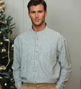 Classic Pinstripe Grandfather Shirt. Green & Blue.