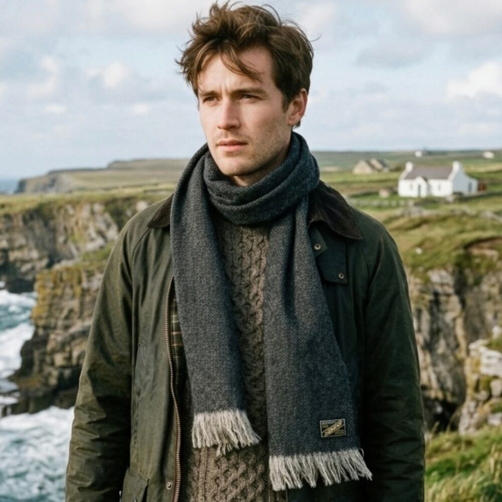Gray-Herringbone-Irish-Scarf. Made In Ireland.