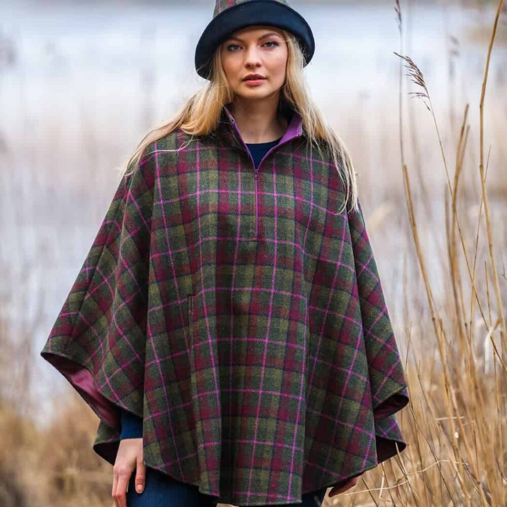 Ladies Half Zip Tweed Poncho - Green, Pink Check
