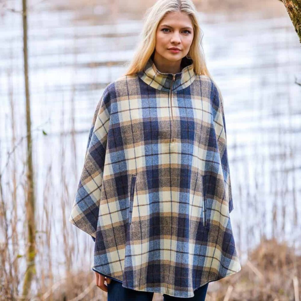 Ladies Half Zip Tweed Poncho - Blue Plaid