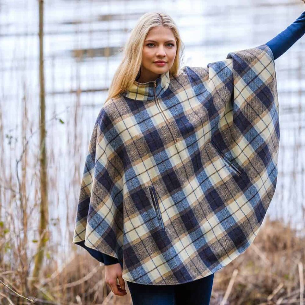 Ladies Half Zip Tweed Poncho - Blue Plaid