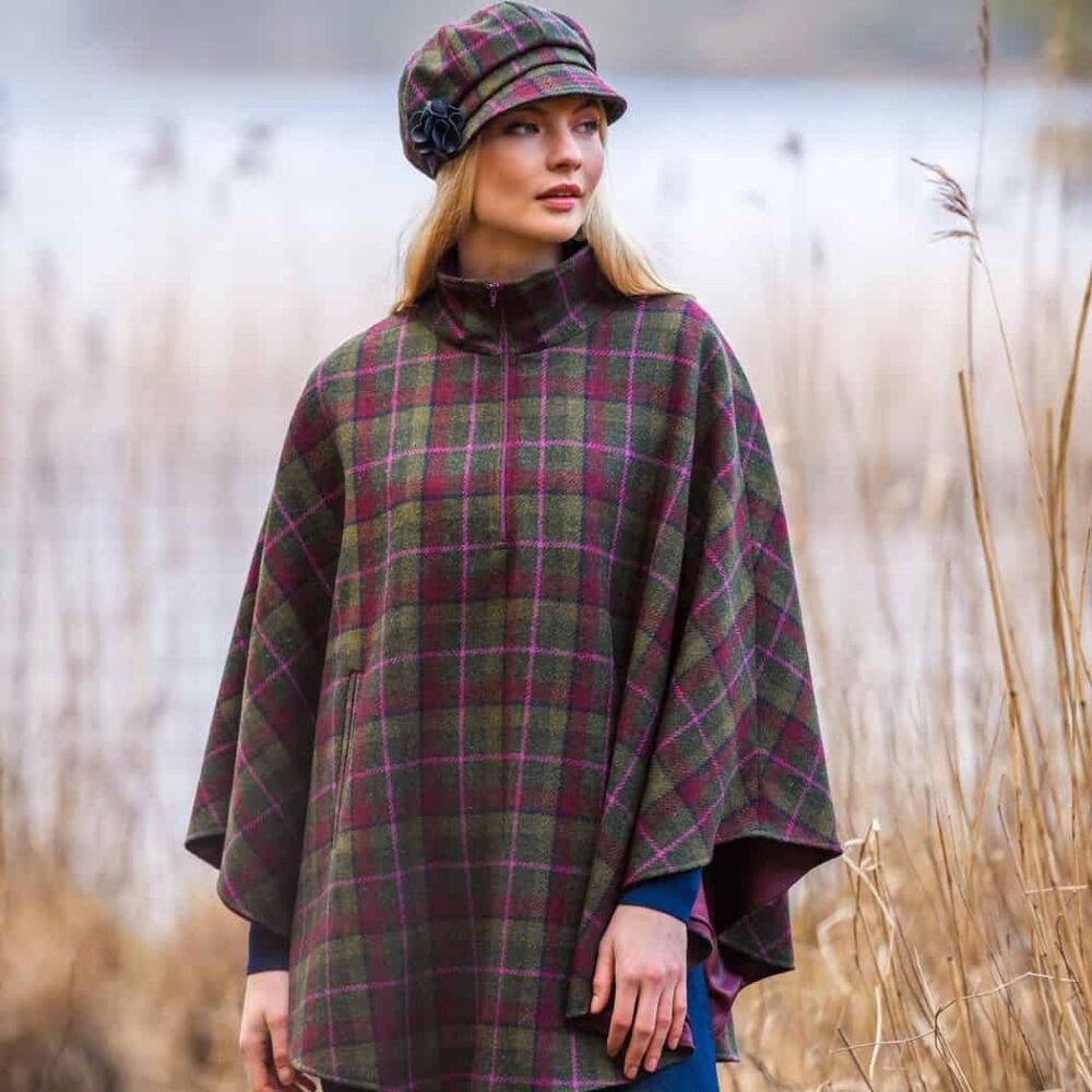 Ladies Half Zip Tweed Poncho - Green, Pink Check