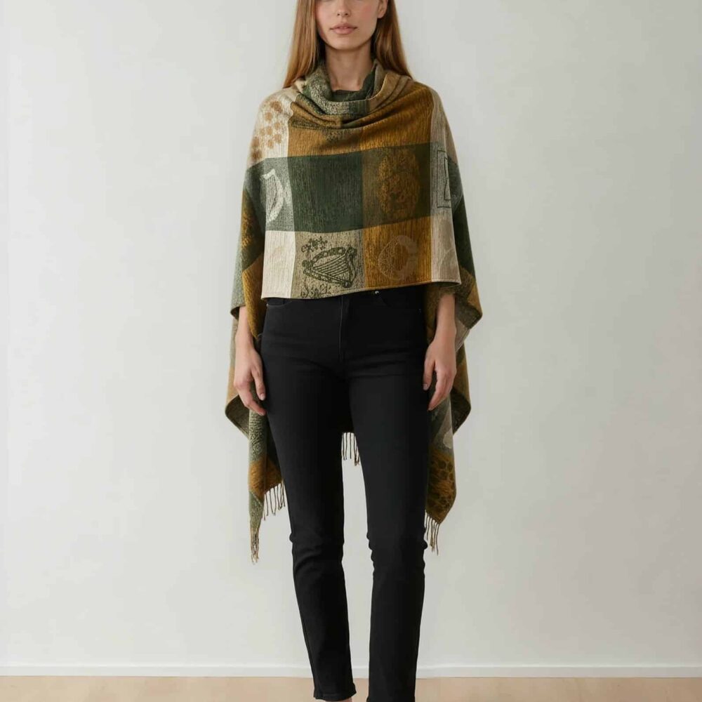 Green and Gold Ruana wrap. Irish emblems & symbols.