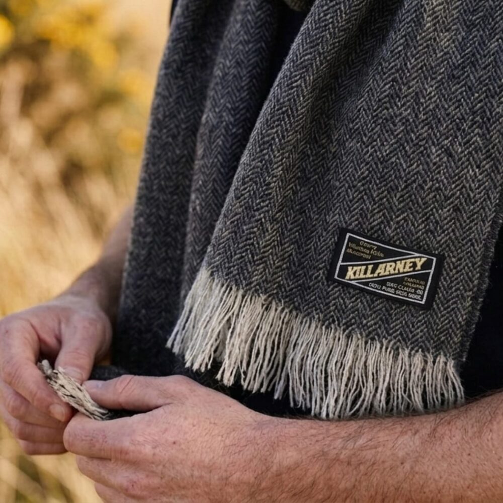 Irish Wool Herringbone Fringed Scarf - Gray