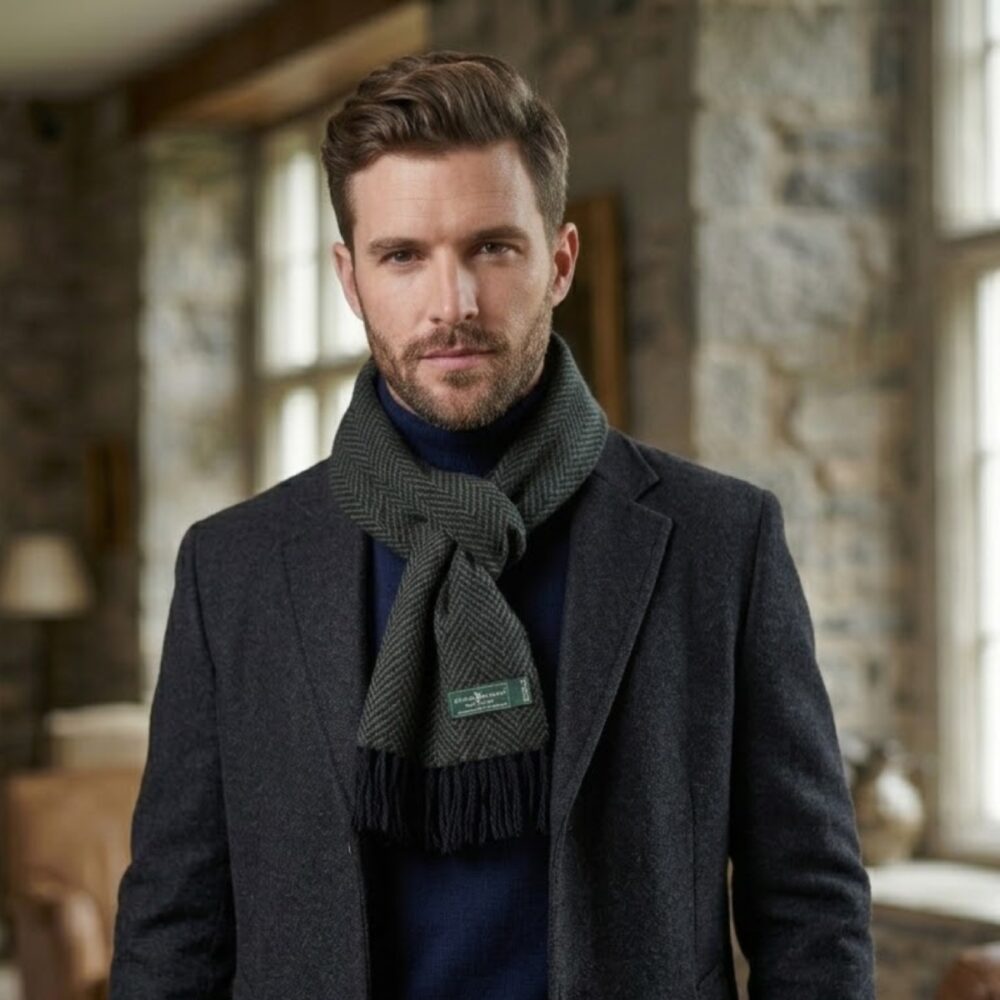 Super Soft Irish Wool Herringbone Style Scarf for Men - Green.