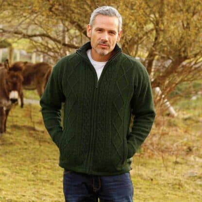 Irish Wool Aran Zip Up Cardigan For Men - Green