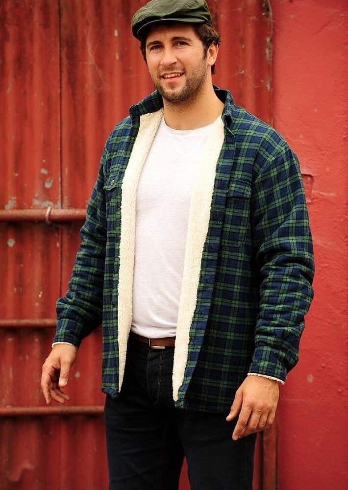 Flannel Fleece Lined Shirt - Green And Navy Tartan