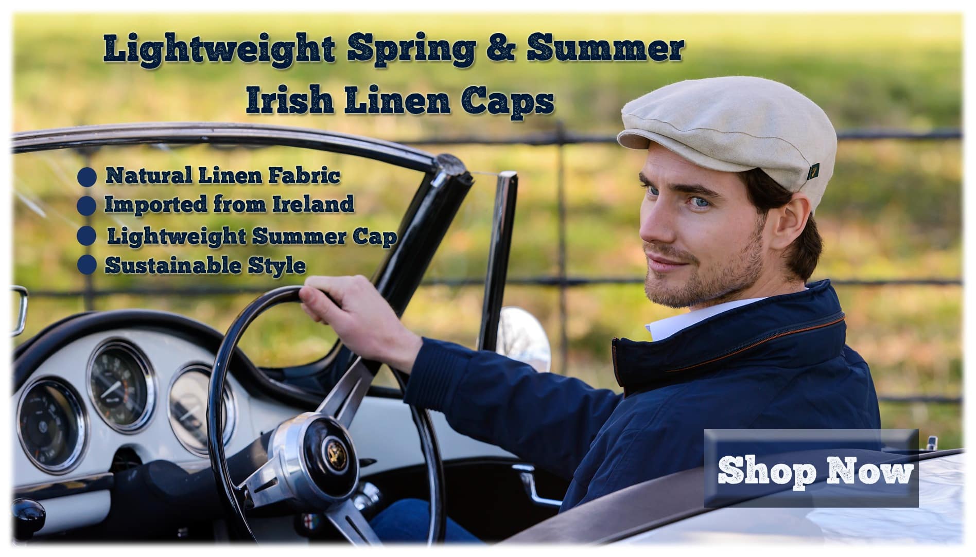 Irish Linen Summer Caps Homepage Hero Image.