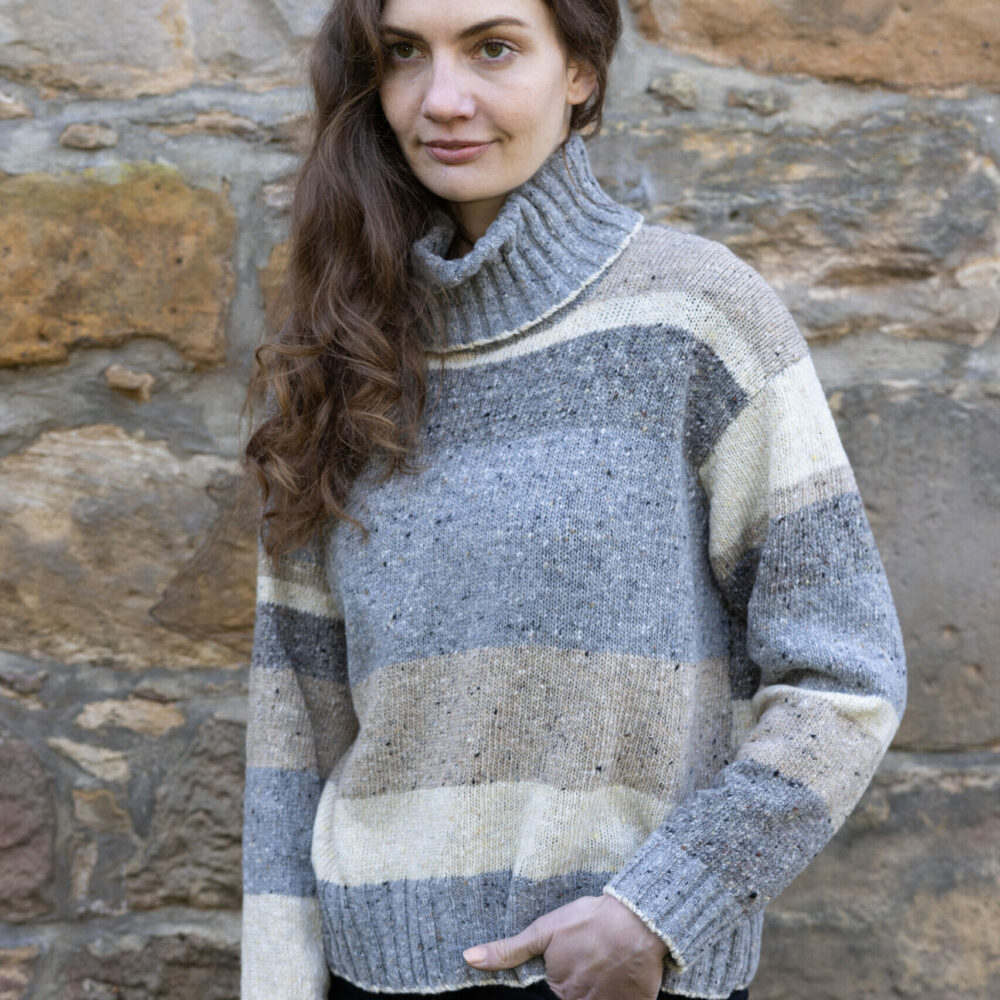Ladies Striped Merino Wool Sweater - Blue