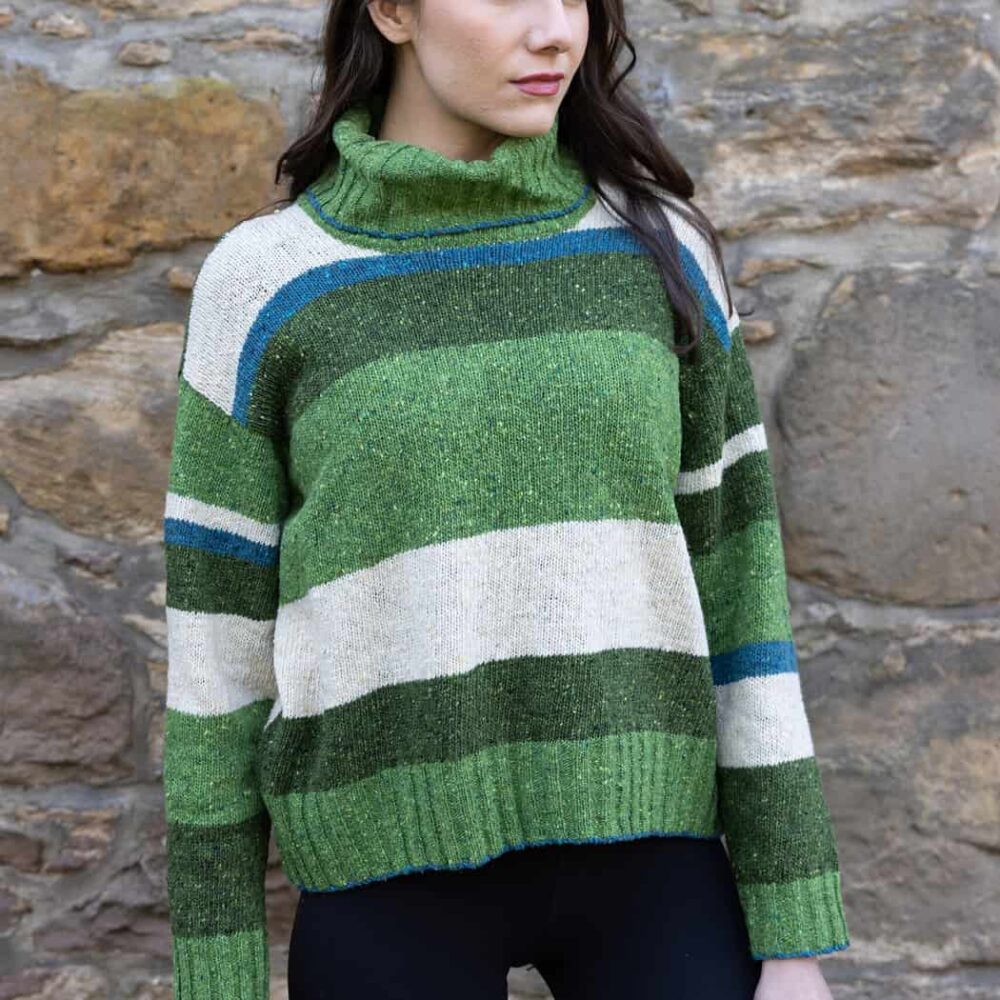 Ladies Striped Merino Wool Sweater - Green