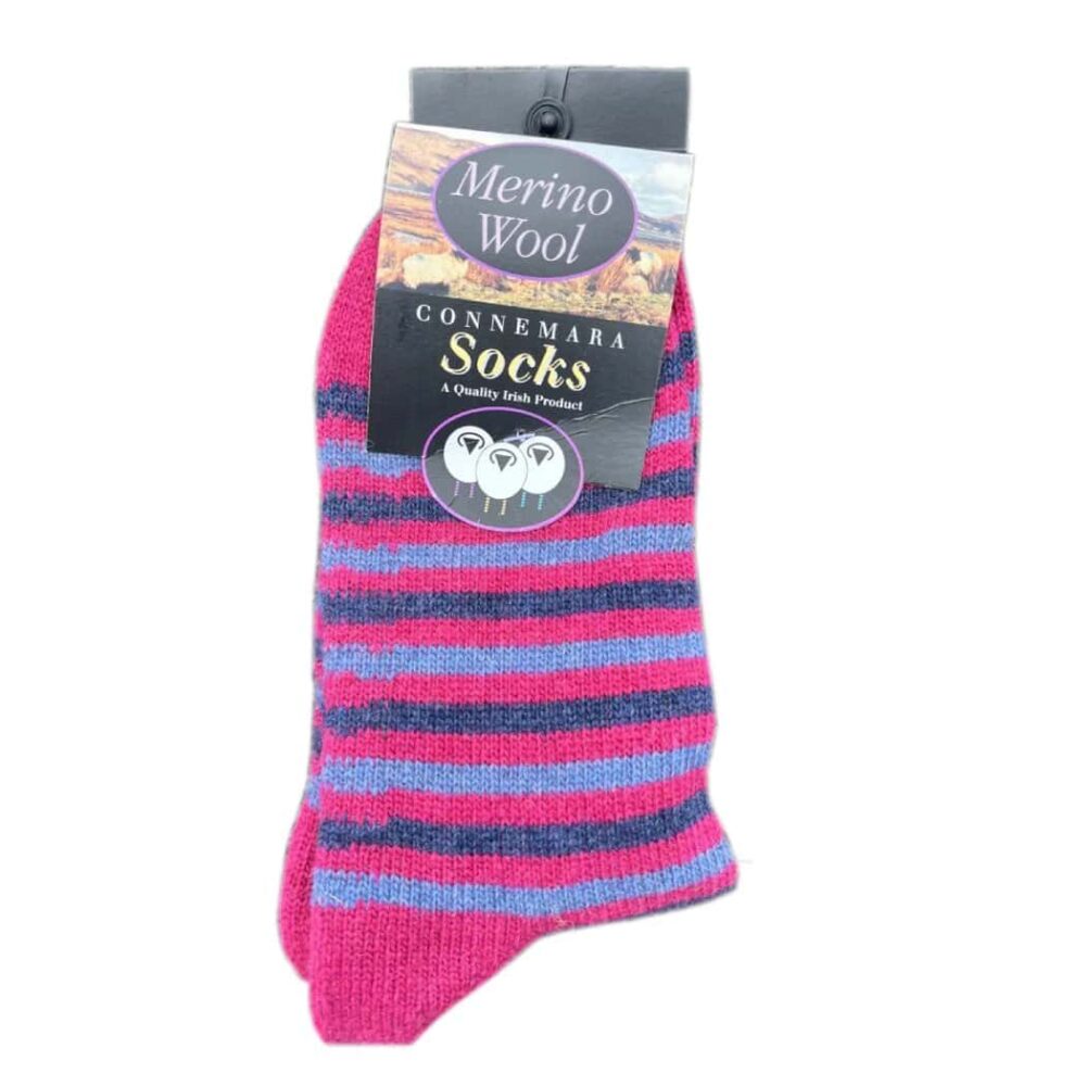 Ladies Merino wool blend socks - pink and blue multi-striped