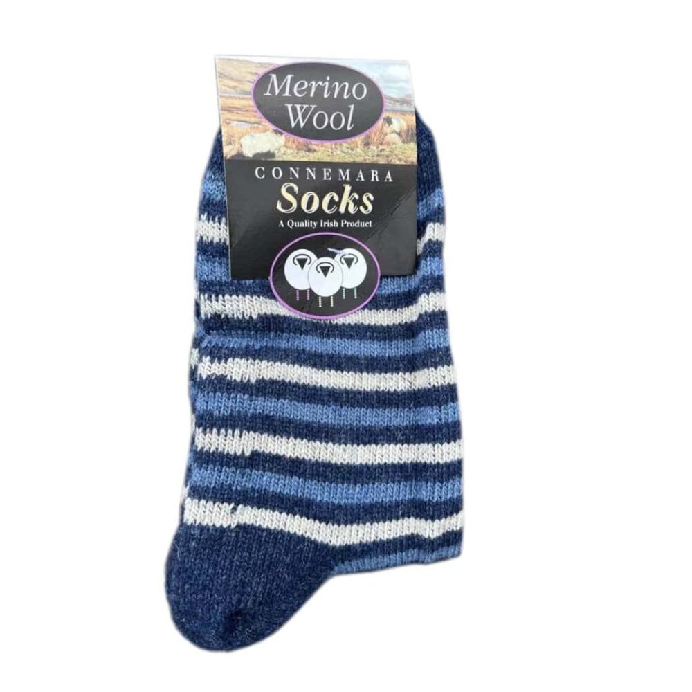 Ladies' Merino Wool Blend Striped Socks - Blue and White