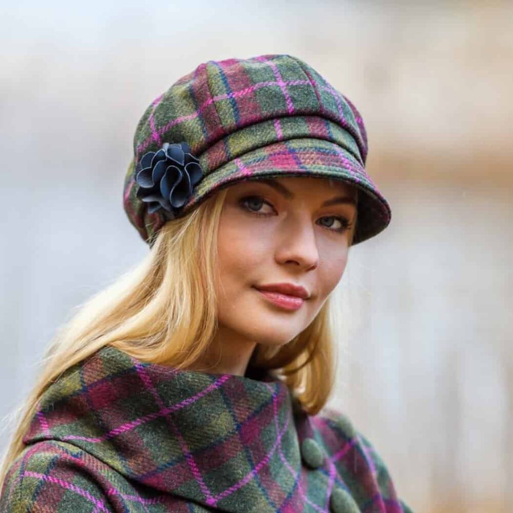 Ladies Irish Wool Newsboy - Green, Pink Check