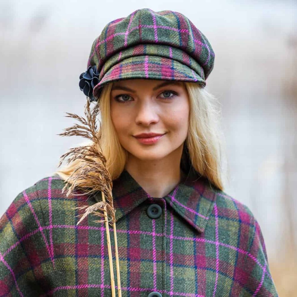Ladies Irish Wool Newsboy - Green, Pink Check