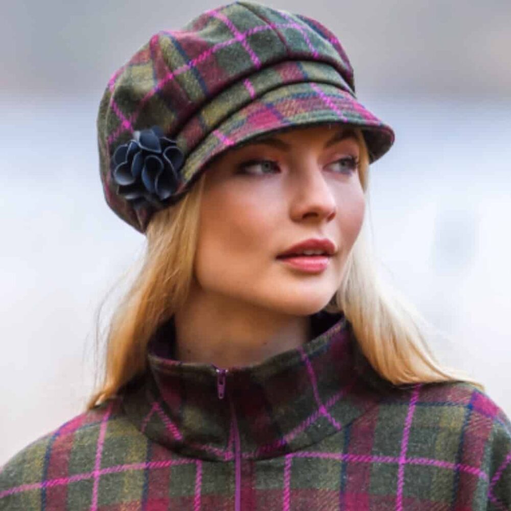 Ladies Irish Wool Newsboy - Green, Pink Check